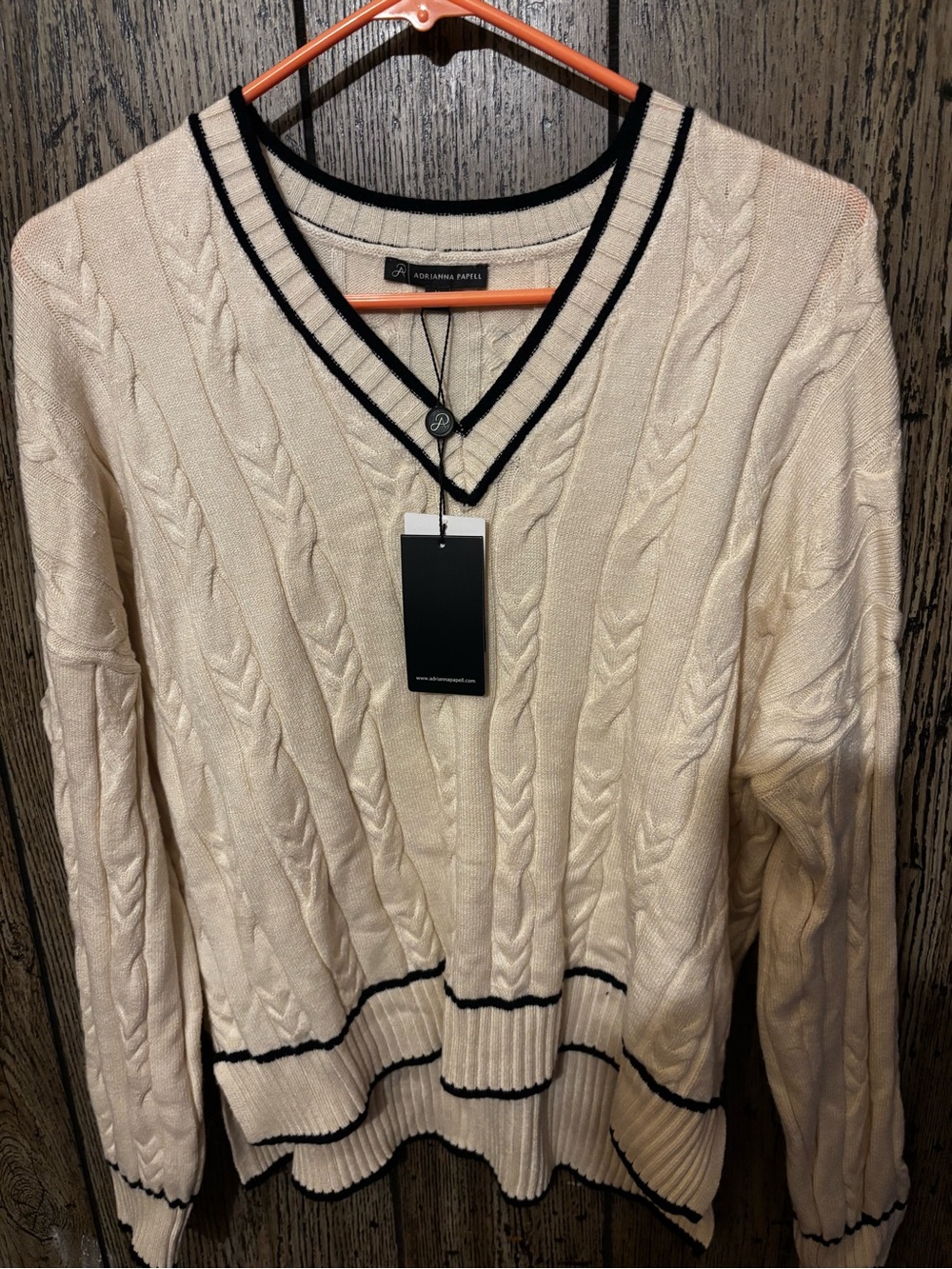 Adrianna Papell Cream Cable V-Neck Sweater with Black Stripe Trim
